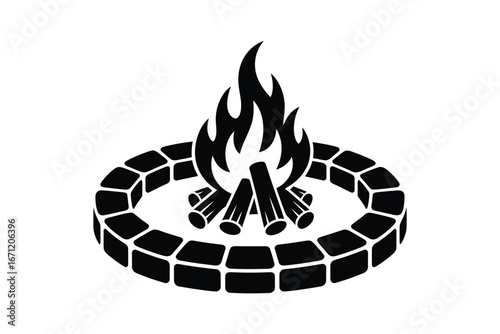 Black and white illustration of a campfire in a stone ring