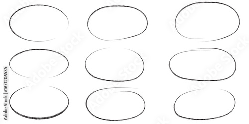 Hand drawn Black crayon ovals and circles set. Ellipses in Black pencil doodle style. Round freehand shapes, emphasis highlights. Rough crayon circles. Variety best design Black crayon ovals. EPS 10