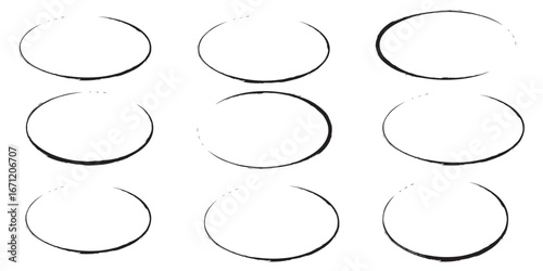 Hand drawn Black crayon ovals and circles set. Ellipses in Black pencil doodle style. Round freehand shapes, emphasis highlights. Rough crayon circles. Variety best design Black crayon ovals. EPS 10