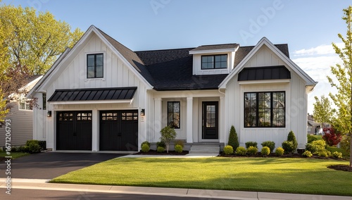 A charming, modern farmhouse style home with white siding, black roofing, and dark trim