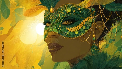 Close-up of a woman wearing a lavish emerald green masquerade mask adorned with golden embellishments.  Yellow sunflowers or blossoms blur the background