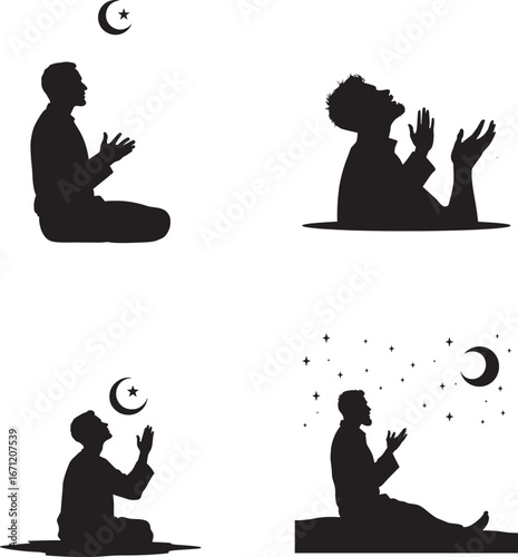 Islamic Prayer Silhouette Icons – Man Praying with Moon Vector Set