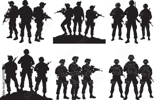 Military Troops Silhouette Collection – Army Team and Weapons Vector