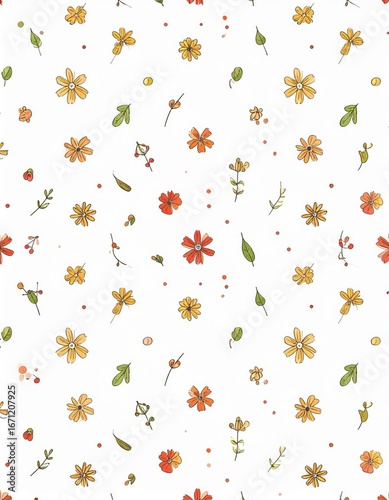 Delicate HandDrawn Autumn Wildflowers in a Scattered Seamless Pattern.