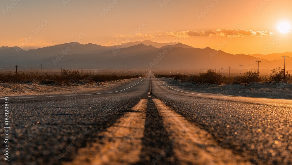 Fototapeta premium Empty highway stretching into a golden sunset over a desert mountain range