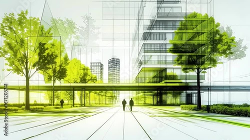 Modern cityscape green architecture urban park sustainable design with glass building eco friendly futuristic sunlight trees walkway and people