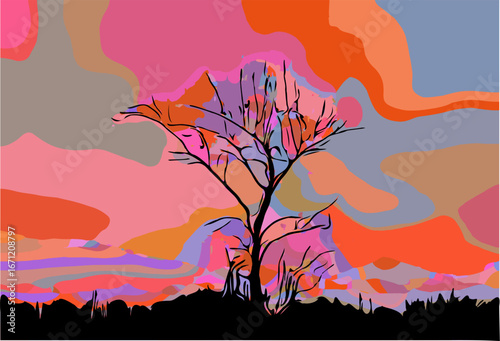 Abstract Tree Silhouette Amidst a Burst of Colors: An artistic rendition of a tree silhouette against a vibrant, swirling sky, blending the forms with impressionistic textures.
