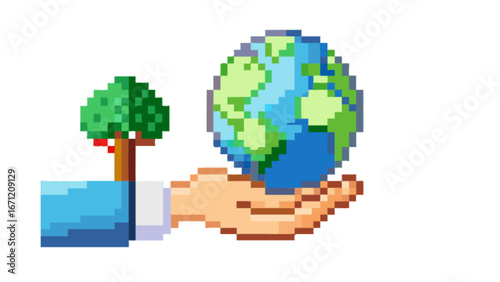 Pixelated hand gently cradling our vibrant Earth next to a thriving young tree, symbolizing ecological balance and environmental stewardship for future generations