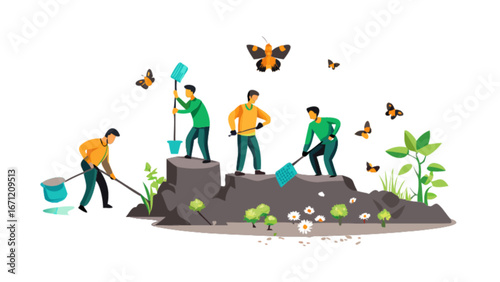 Dynamic team gardening together, planting trees and tending flowers with butterflies fluttering around, showcasing environmental stewardship and collaborative outdoor work