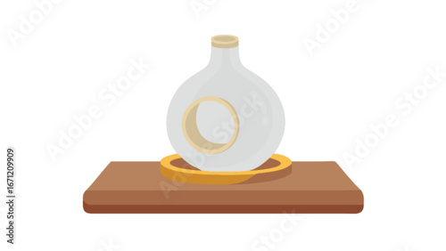 Delicate minimalist ceramic vase on a wooden stand creates calm and zen, perfect for home decor designs and peaceful lifestyle imagery, originally designed as a vector graphic