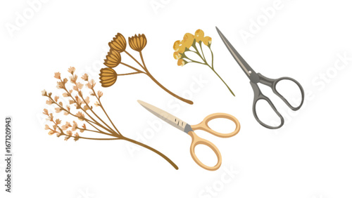 Delicate pressed flower arrangement with vintage scissors ready for elegant scrapbook design, perfect for wedding invitations and botanical art projects