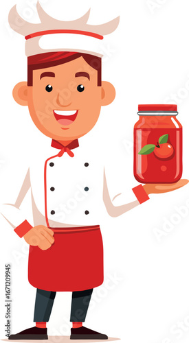 Smiling chef holding jar of tomato sauce or ketchup