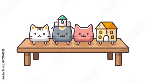 Charming cartoon cat houses on wooden table, whimsical feline architecture concept, cute kitty home designs, playful animal shelters, delightful cat themed decor, originally vector