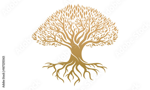 Tree Logo, Nature Tree Golden Roots and Growth Design Template illustration