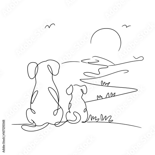 Two Dogs Sitting Together Watching Sunset Over Rolling Hills Landscape