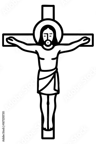 Minimalist line art illustration of Jesus on the cross, symbolizing Christian faith, sacrifice, and salvation. Isolated vector icon for religion, worship, and spirituality.
