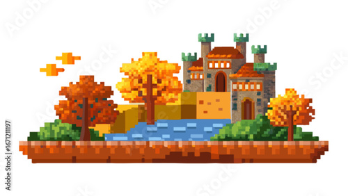 Enchanting pixel art castle nestled amidst autumn foliage, creating a whimsical and nostalgic fantasy landscape perfect for game design or storybook illustrations