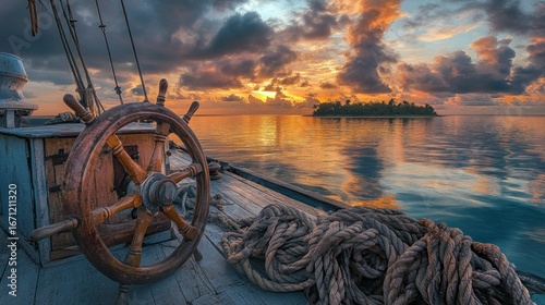 Sailing vessel with a wooden wheel, ropes on deck, island, golden sunset over water