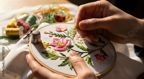 Close-up of hands embroidering a beautiful floral design on white fabric using colorful threads and a wooden embroidery hoop, creating a relaxing and creative hobby.