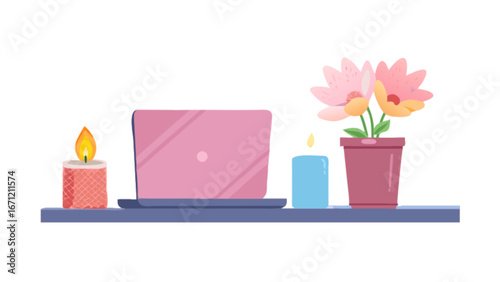 Cozy workspace setup with laptop, burning candles, and blooming flowers creating a serene and productive atmosphere for modern remote work or creative inspiration.