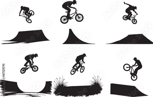 BMX Trick Rider Silhouette Icons Set. Extreme Sport Vector Illustration Isolated on White Background