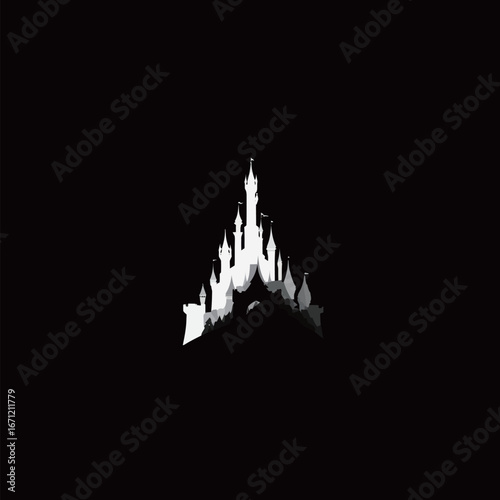 A fairytale castle stands prominently in silhouette, showcasing its towering spires and intricate architectural details against a dark backdrop. The contrast highlights its magical essence.