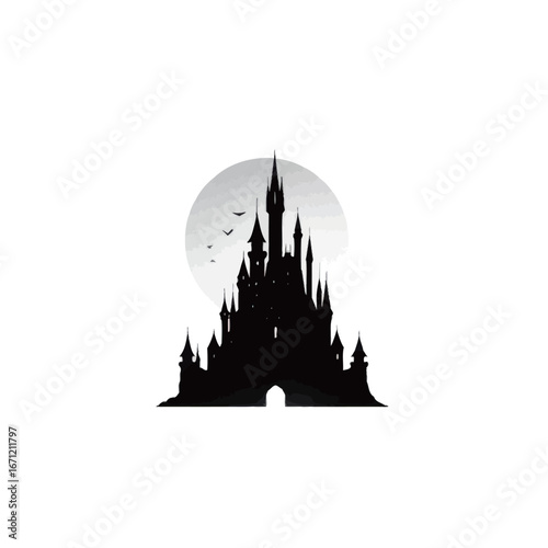 A majestic fairy tale castle stands ominously against a full moon backdrop. Birds soar through the night, enhancing the enchanting atmosphere of mystery and magic.