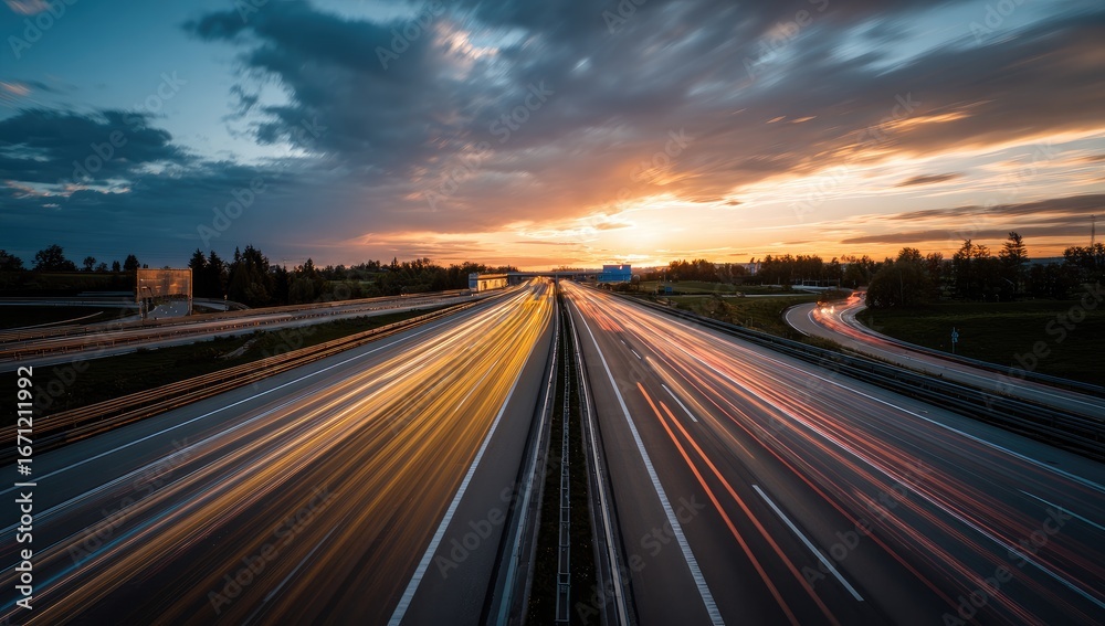 Fototapeta premium Highway at sunset, long exposure of car lights streaking across asphalt