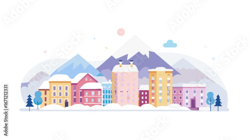Charming winter village scene unfolds with cozy snow-covered buildings nestled against majestic mountains and crisp blue skies, evoking peaceful alpine serenity and holiday spirit.
