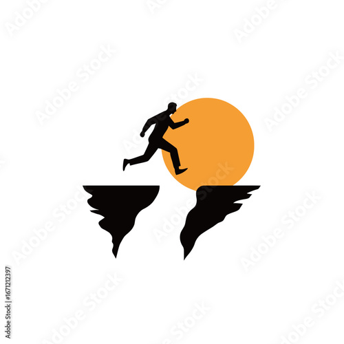 A silhouetted figure is depicted running across a cliff edge as a vibrant sun sets in the background, symbolizing adventure and the pursuit of dreams.