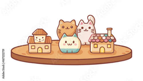 Adorable cartoon cats and whimsical houses create a charming and playful scene perfect for children's books, websites, or branding, evoking joy and comfort.