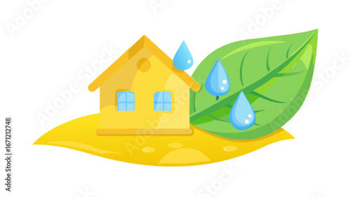 Vibrant yellow house nestled beside lush green leaf with falling blue water drops symbolizing eco-friendly living and refreshing nature
