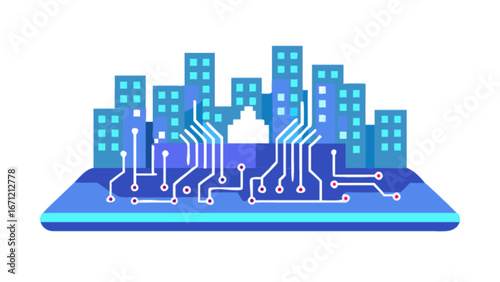 Vibrant smart city skyline merges with interconnected digital circuitry symbolizing technological urban advancement and innovation powering modern life.