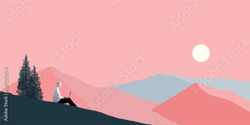 A person sits peacefully on a mountain ridge, playing the flute as the sun sets, painting the sky in soft pink and orange hues. Silhouettes of distant mountains enhance the tranquil atmosphere.