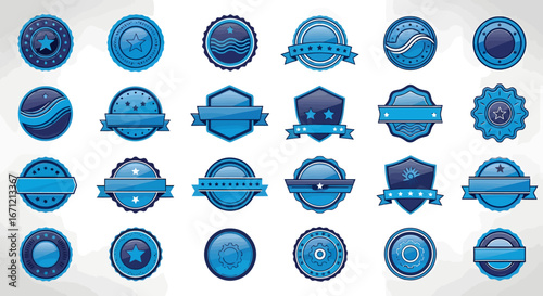 Stunning collection of blue badges and emblems featuring stars, ribbons, and gear designs for modern branding and recognition