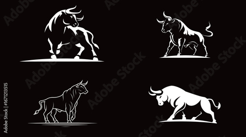 Four unique bull designs highlight varying postures and forms, representing strength and power. The black and white contrast emphasizes their muscular structure, creating an impactful visual.