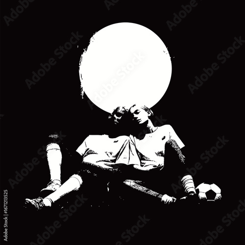 Two soccer players sit closely together on the ground, enjoying a moment of tranquility under a bright full moon. Their passion for the game is evident, even in this peaceful setting.