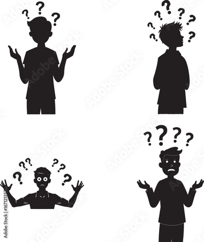 Confused Man Silhouette Icons – Question Mark Vector Illustration Isolate on White Background