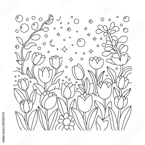 Whimsical Butterfly and Flower Line Drawing – Nature-Inspired Coloring Sheet for Kids and Adults
