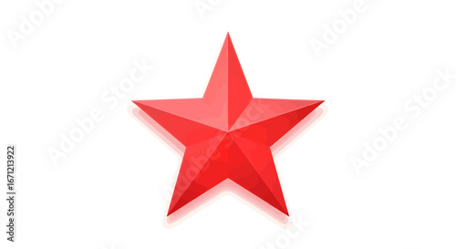 Striking red five-pointed star gleaming with sharp edges and subtle shadow on clean white backdrop