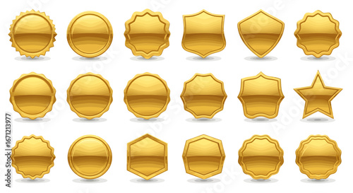 Collection of shiny golden badges and awards in various shapes like circles shields stars and more creating a sense of achievement