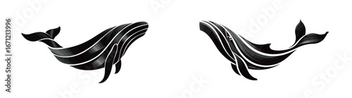 Two stylized whales are depicted in a flowing design, showcasing elegant curves and lines. The black and white artwork emphasizes their graceful movements and connection to the ocean.