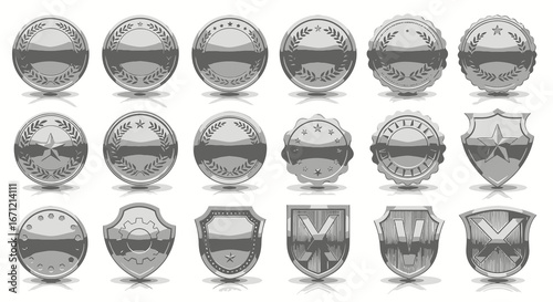 Collection of modern silver awards badges and shields symbolizing achievement, victory, and excellence in a clean studio presentation.