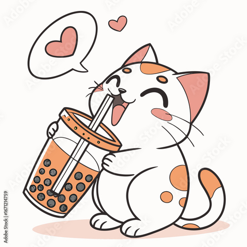 "Kawaii Cat Drinking Bubble Tea | Cute Mascot Vector"