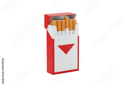 Isolated cigarette pack, red and white, smoking addiction, harmful addiction in a pack