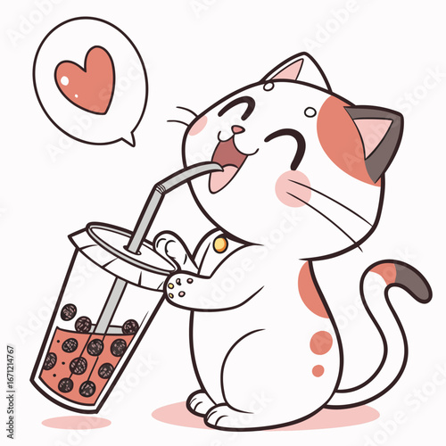"Kawaii Cat Drinking Bubble Tea | Cute Mascot Vector"