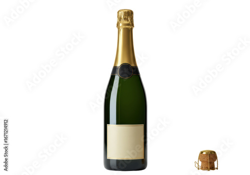 Isolated green champagne bottle with a gold foil top, black label and a popped cork near it