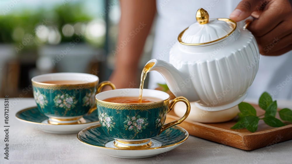 Fototapeta premium Waiter pouring tea from white teapot into elegant green teacup