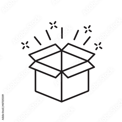 A vector icon of an opened gift box with its lid removed, representing surprise or unboxing, created in line style with editable stroke