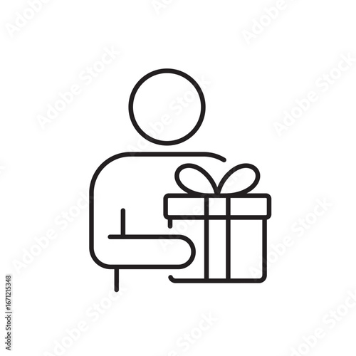 A vector icon of a delivery person holding a gift box, symbolizing holiday delivery service, created in line style with editable stroke